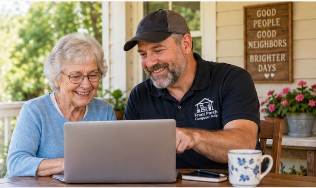 A friendly Computer Helper assisting an older customer with a laptop